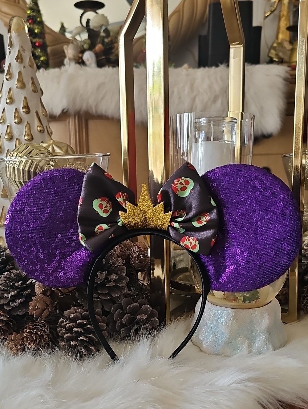 Disney Villains Purple Kids Mouse Ear Headband with Gold Crown and Skull Bow